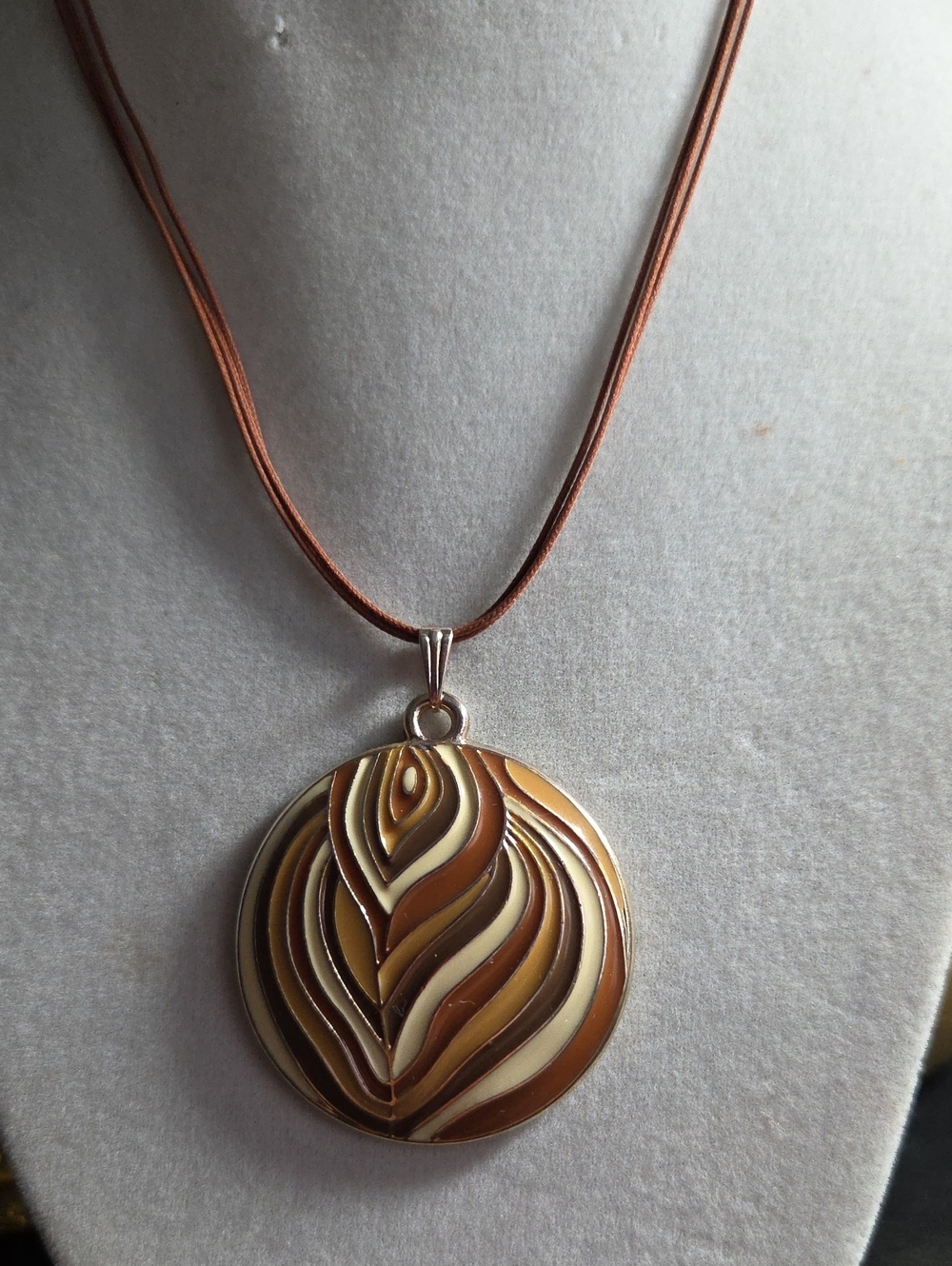 Elegant Multitone Brown Enamel Pendant  On 3 Strand Brown  Cord Necklace